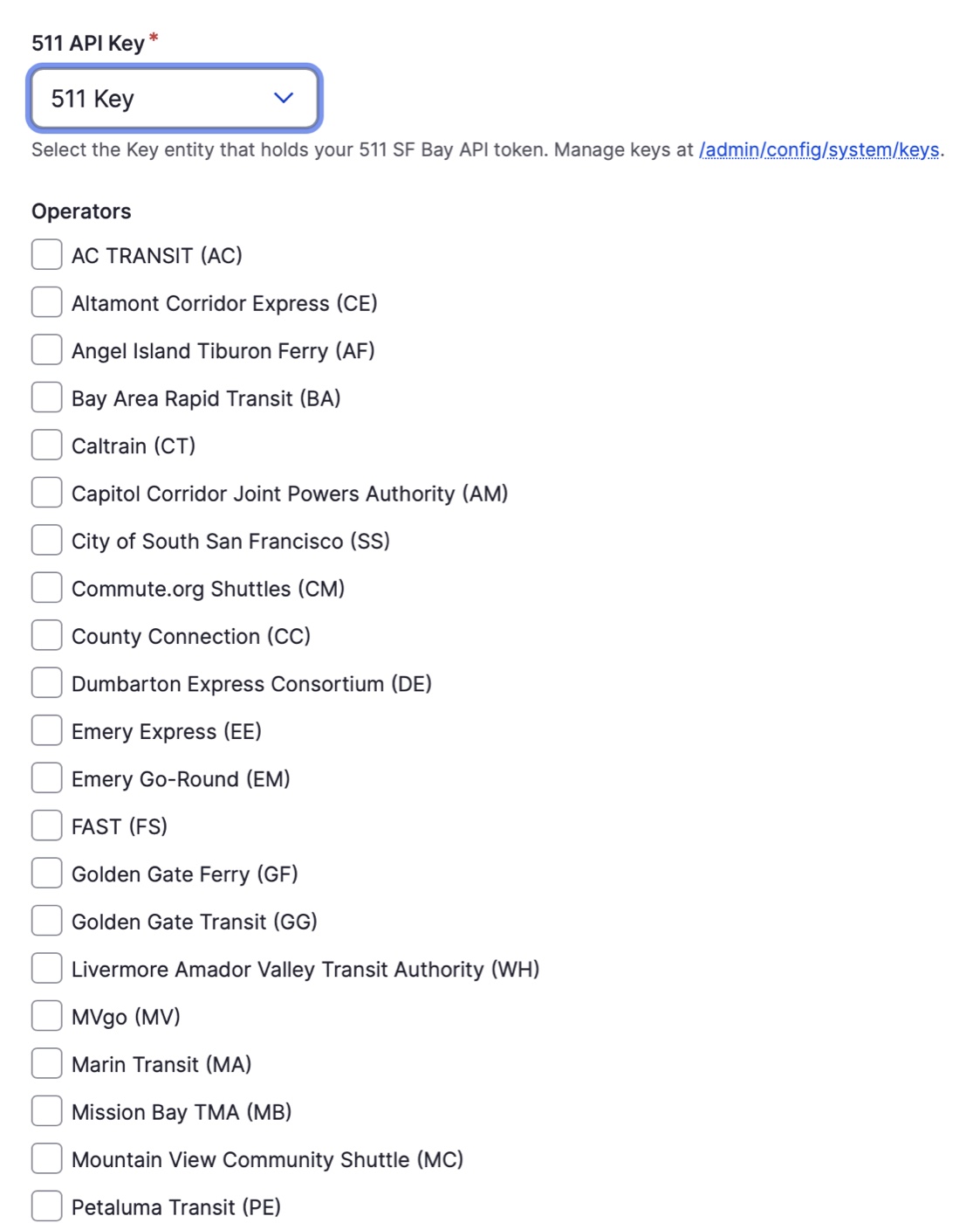 The 511 settings form: API key select and a checkbox list of Bay Area operators