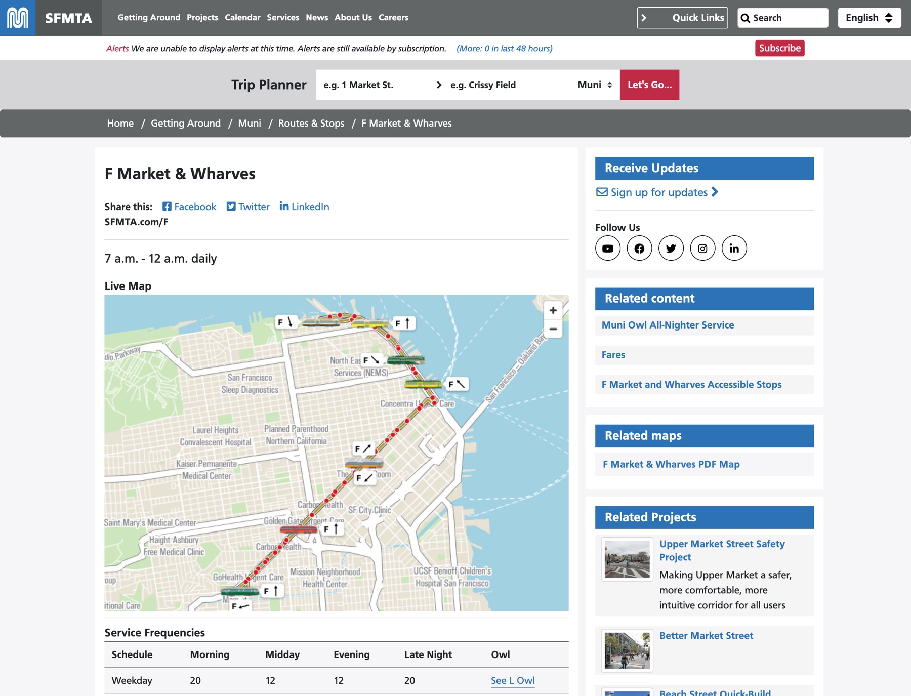 The F Market and Wharves route page on sfmta.com, with a live vehicle map embedded under the heading and service frequencies below