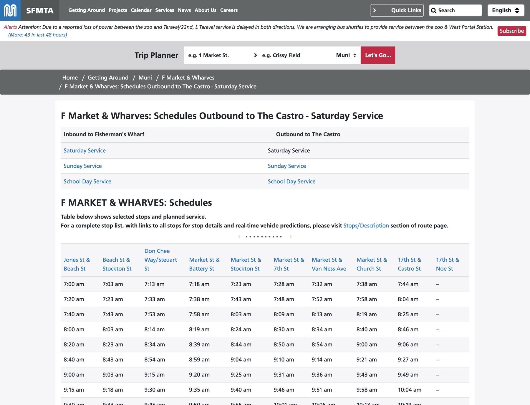 F Market and Wharves Saturday timetable on sfmta.com: ten timepoint columns across, departure times down, with links to other service days