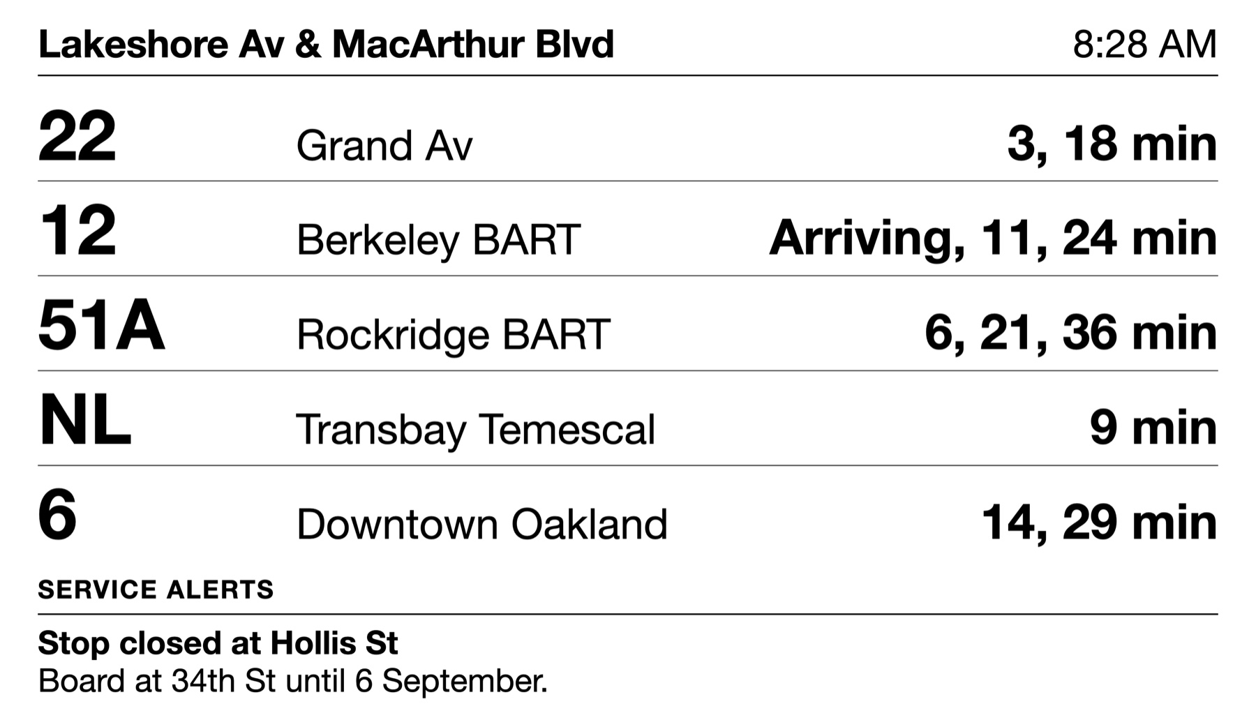 Departure board: stop name and clock, then route, destination and minutes for six routes, with a service alert below