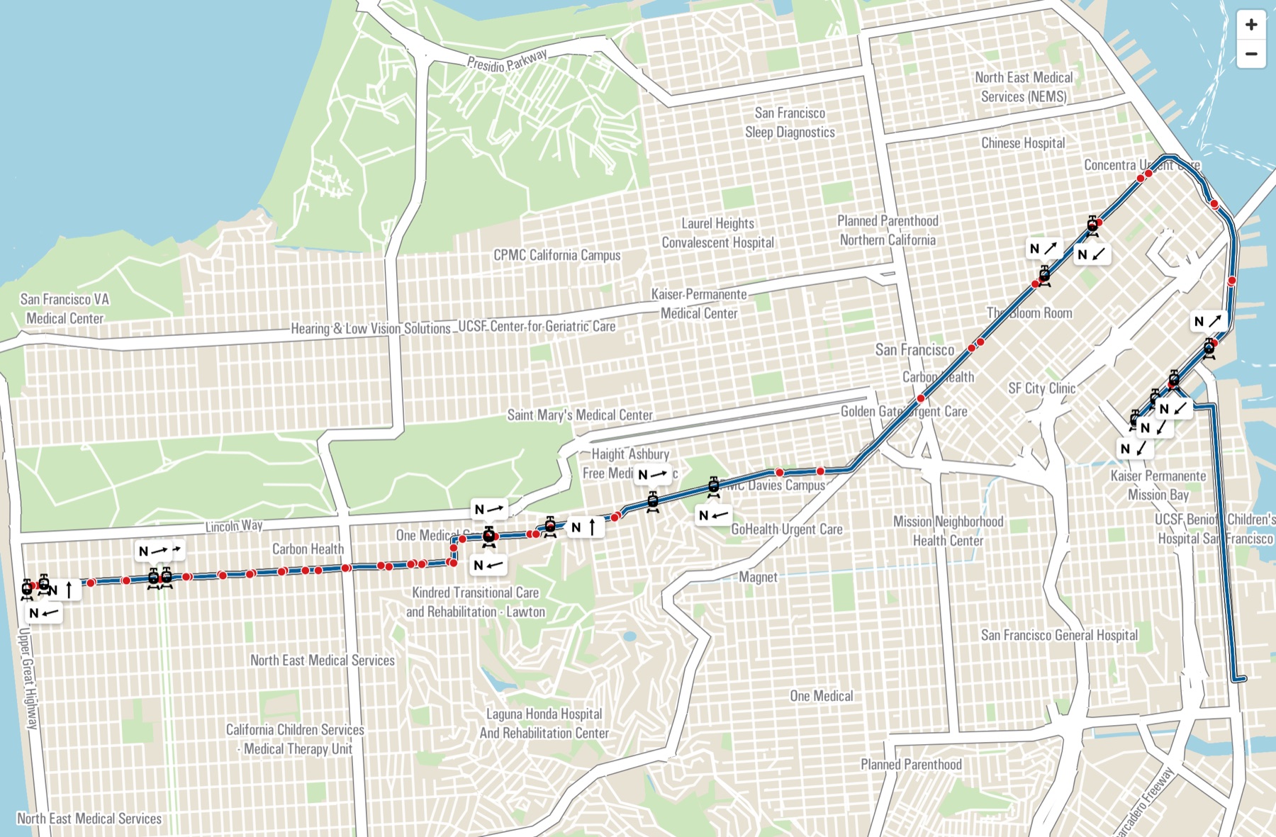 A live vector map of a light-rail line crossing the city, with train icons, heading arrows, and stop dots along the route shape.