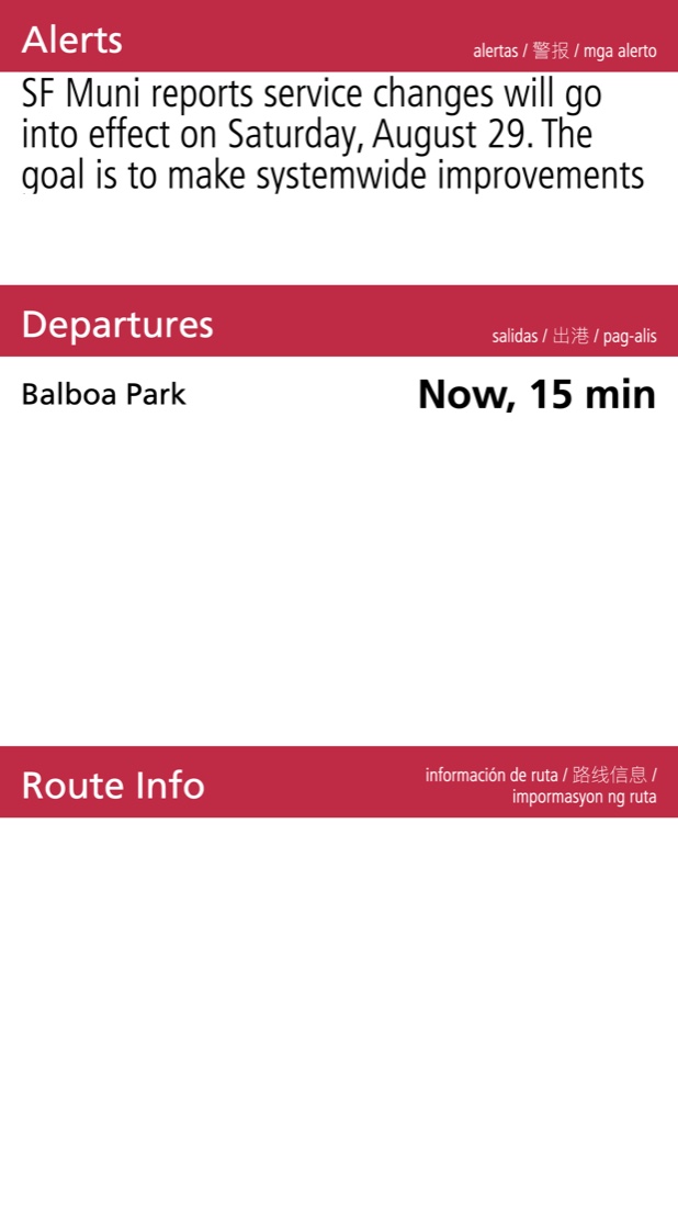 Bottom screen of the same pylon: service alerts, live departures with minutes, and route info, labeled in four languages.