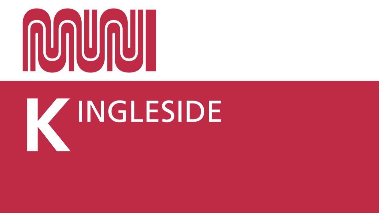 Top screen of a two-screen platform pylon, landscape: agency logo above a large route letter badge with destination.
